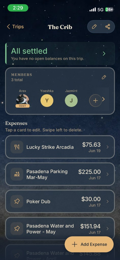 Trip balances and shared expenses in Pinch Split