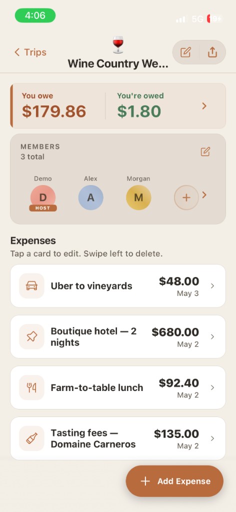 Expenses appear on your trip instantly