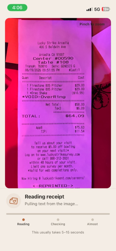 Photograph the receipt at the table